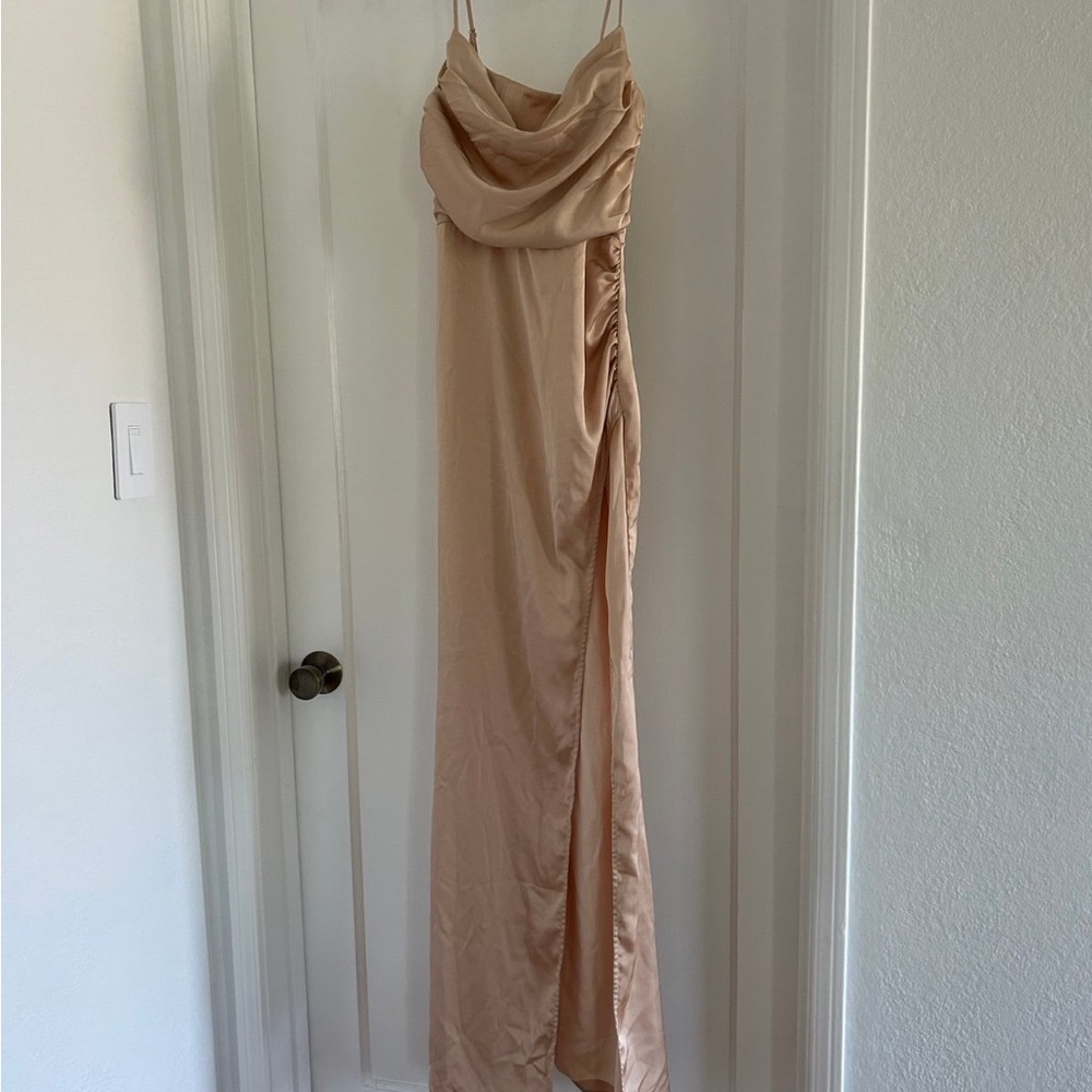 White fox champagne long dress, can use for a date night out or bridesmaid dress